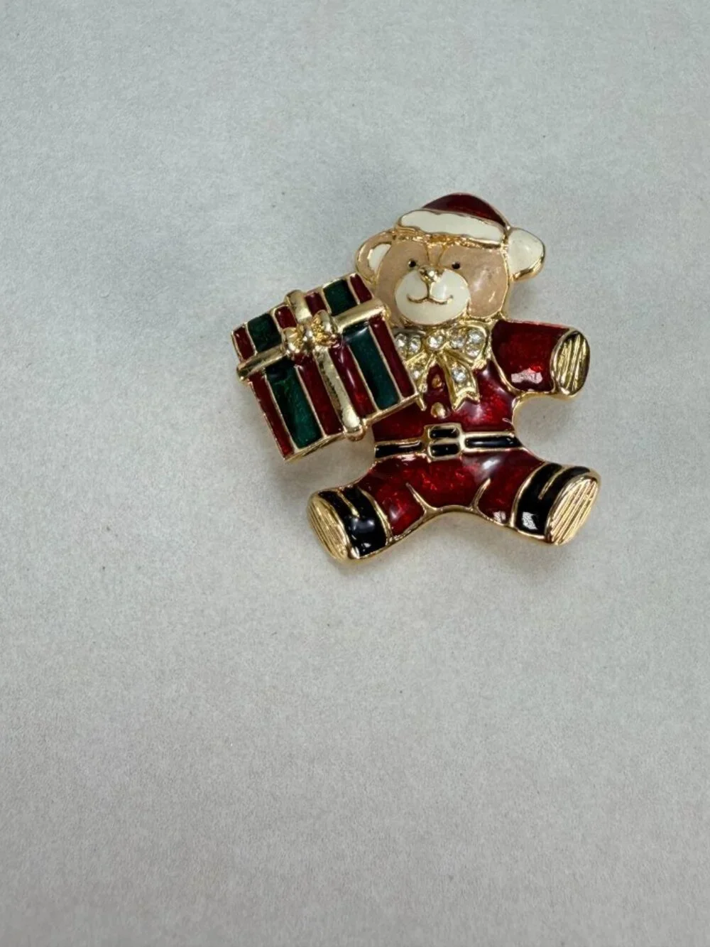 Vintage Christmas Teddy Bear Moving Gift Spring Enamel Rhinestone Brooch Pin